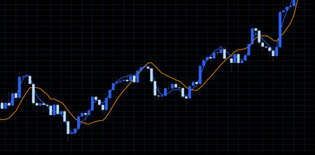 overlay stock market trading graph. Blue and white Japanese candle stick graph for business analytics, this overlay shows successful investment, forex trading, and great economic growthの写真素材