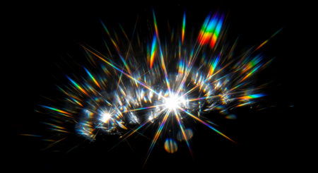 Bright shining sparkle overlay with colorful spectrum beams for holiday or celebration decoration, festive light burst overlay theme, isolated magic diamond flare on black. photo compositingの写真素材