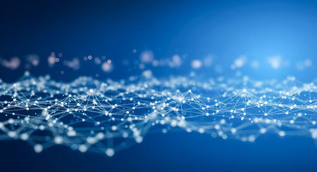 blue technology background. Beautiful serene image of plexus with connected dots, this modern clean wallpaper is perfect for any business or important science presentationの写真素材