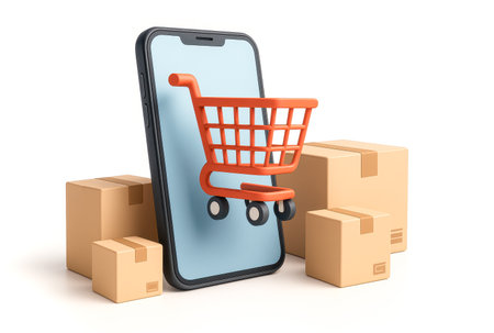 smartphone and shopping cart in front of parcel boxes represents digital marketplace, internet sales, mobile convenience, express delivery, technology driven commerce. 3d renderingの写真素材