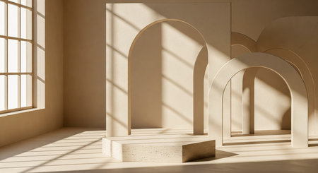 Minimalist 3d rendering of empty pedestal for brand showcase, warm modern interior with window light and shadow creating calm, serene moodの写真素材