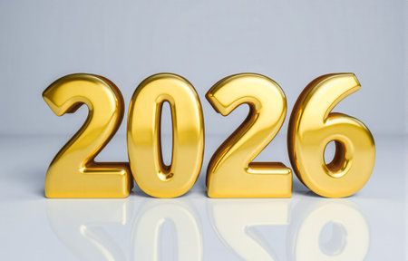 Golden 2026 year numbers isolated on gray surface, metallic shiny digits, holiday season, future...