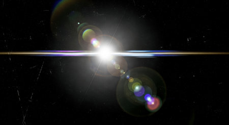 Abstract background showing bright anamorphic sun flare and rainbow bokeh, isolated retro design...