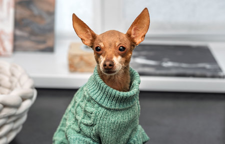 Portrait of adorable miniature pinscher in warm cozy sweater, funny purebred dog with big ears sits indoors in modern kitchen, autumn or winter pet care conceptの写真素材