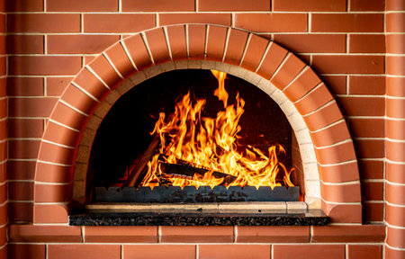 Hot burning firewood in a traditional stove, comfortable and warm atmosphere at home, hygge concept, preparing food in a classic oven, winter holidays backgroundの写真素材