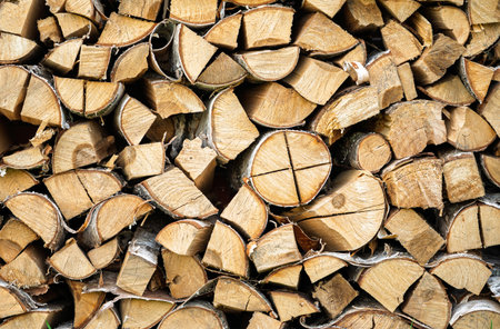 Close up large woodpile of split firewood background texture, rustic background of stacked timber, concept of renewable energy, forestry industry and preparing for cold weatherの写真素材