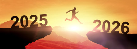 Silhouette person jumping between cliffs from 2025 to new year 2026. This illustrates courage,...