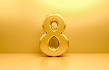 Polished 3d rendering golden eight stands bright in warm studio scene, finance concept, symbols of...
