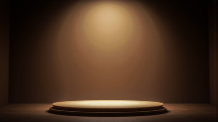 Warmly lit empty stage with dark surroundings, wooden flooring, glowing circular setup, minimalistic design, dramatic atmosphere, creative concept, professional ambianceの写真素材