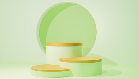 Three cylinder platforms in studio for advertising mockup, empty stands for winner awards on pastel background, abstract composition for eco friendly product promotionの写真素材