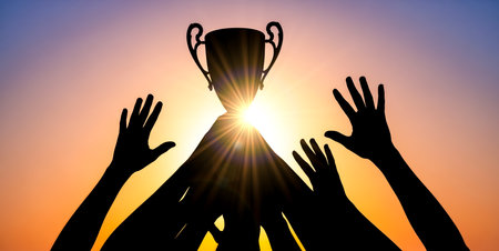 Abstract symbol of teamwork and achievement, group of people winning prize together, celebrating first place with golden cup, leadership and motivation graphic.の写真素材