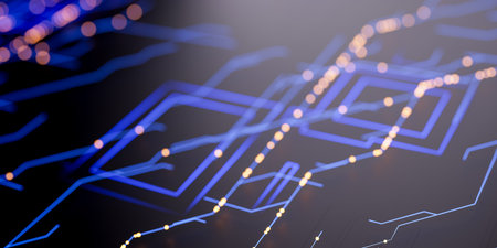 Digital communication theme with abstract futuristic backdrop, motion blur effect on glowing circuit...