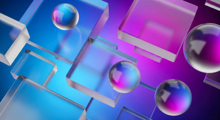 Futuristic composition of geometric forms, glassmorphism modern digital art for website banner or UI...