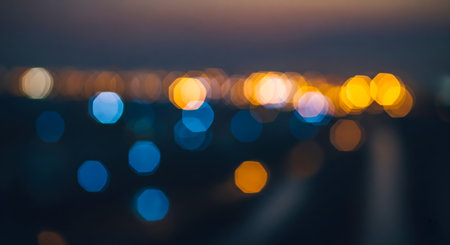 Beautiful blurred background of night city lights with vintage tones, abstract bokeh texture for...