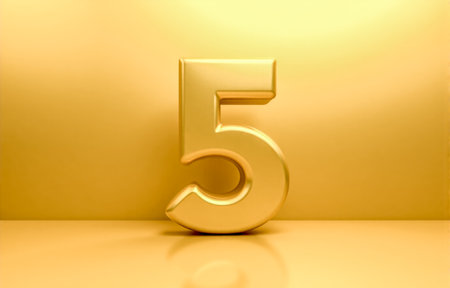 Metallic figure five on golden stage with soft reflections ideal for numeric idea startup project...