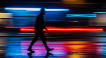 Long exposure shot of person moving on wet street with colorful neon light trails and reflection, creative artistic image of lonely journeyの写真素材