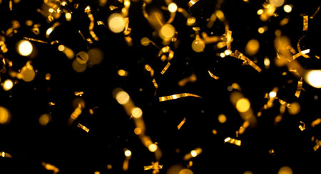 Dreamy soft focus effect with shimmering gold foil particles, holiday concept for new year or Christmas, glamorous party backdrop for invitations and cardsの写真素材