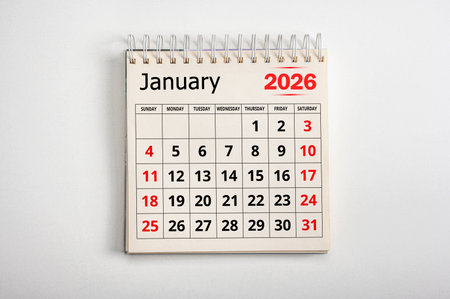 January 2026. January 2026 calendar page on white background, concept of new year planning and organization, schedule for business goals and personal eventsの写真素材