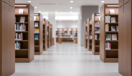 Defocused university or school library with bookshelves. Backdrop for reading, study, or research related projectの写真素材