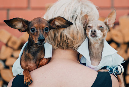 Blonde woman holding two adorable toy terriers, concept of love and friendship between human and animals, funny pet expressions, travel with pets themeの写真素材