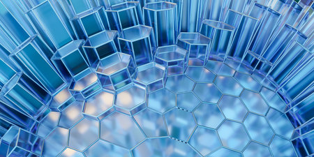 3d rendering of honeycomb protective shield or global data structure, futuristic illustration of scientific or medical nanotechnology with transparent crystal cellsの写真素材