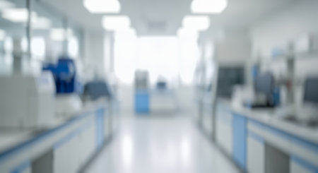 Defocused high-tech lab with bright lights. Backdrop for biotech, chemistry, or innovative technology mockup with copy spaceの写真素材