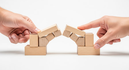 Two people creating stable connection. Concept of mutual support, trust in teamwork, and creating solid base for successful future togetherの写真素材