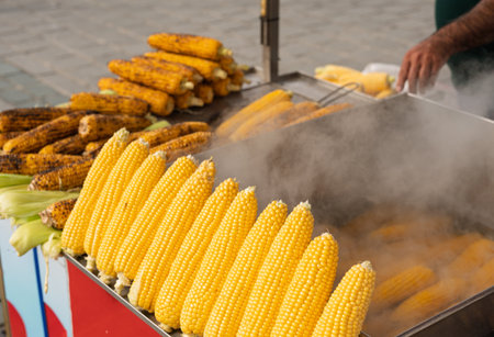 Steaming hot boiled and grilled corn cobs on street food stall, popular healthy snack, ready to eat. Food conceptの写真素材