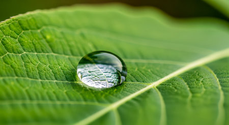 Macro photo of clear water drop on green leaf. for freshness purity and nature concept and close-up detail of leaf texture and ecology and spa backgroundの写真素材