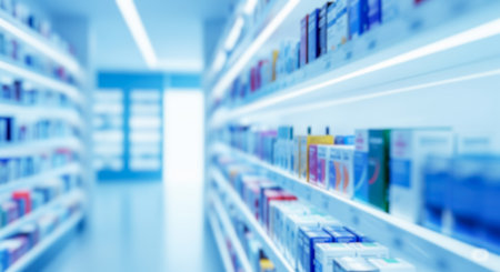 Blurred pharmacy aisle with perspective view, abstract healthcare background with shelves of medicine, drugstore interior for medical and pharmaceutical industry concepts.の写真素材