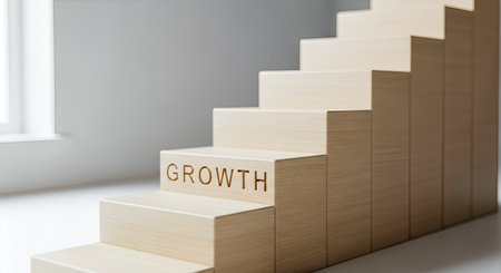 Growth concept. Wooden stairs up with GROWTH word. Business success, career ladder, personal development, progress, strategy, motivation steps.の写真素材