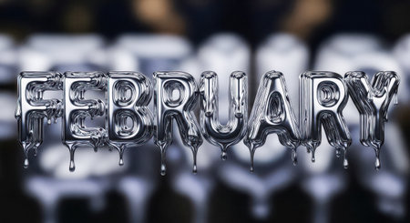 Liquid metal word February isolated on blurry background. 3d render of shiny dripping text for seasonal designの写真素材