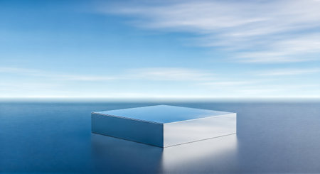 Metal podium on water. 3D product display. Zen concept. Natural background. Spa cosmetic stage. Minimalist pedestal. Sky reflection. Calm blueの写真素材