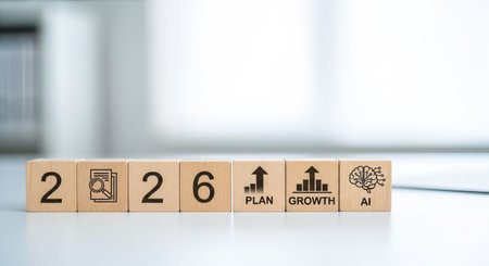 2026 business concept. Wooden blocks with 2026 growth plan AI icons. Future strategy and new year. Corporate planning. Office background.の写真素材