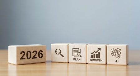 2026 business concept. Wooden blocks with 2026, search, growth plan, AI icons. Future, strategy, new...