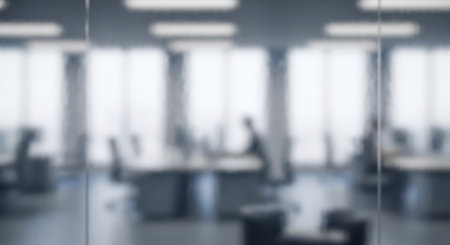 Out of focus image of contemporary office interior with large windows. Blurred business concept...