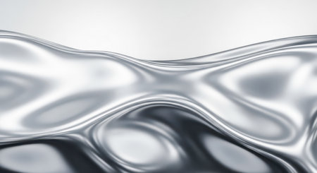 Shiny chrome fluid motion with smooth surface. 3d render of luxurious metallic wave for cosmetic, or award backdropの写真素材