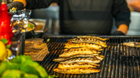 Close up of chef grilling mackerel fish fillets on barbecue grill for traditional Istanbul street food sandwich Balik Ekmek. Food conceptの写真素材