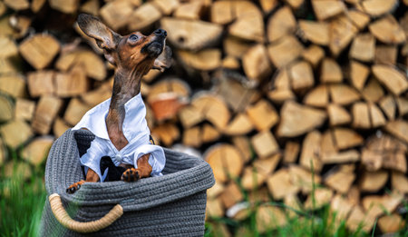Stylish miniature pinscher in gentleman costume sitting outdoors, concept of special events and holidays with pets, rustic countryside background with firewood for textの写真素材