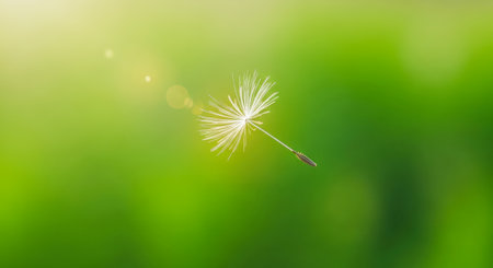 Macro of single pappus flying in the wind. Concept of lightness, fragility, letting go, and starting new life journeyの写真素材