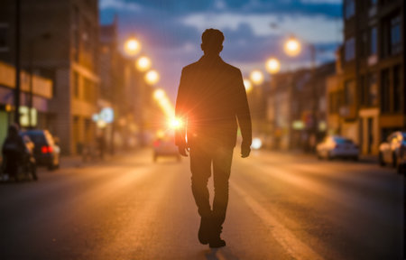 Person from back walking on empty road at dusk. Represents journey, hope, and moving forward towards a new future lifeの写真素材