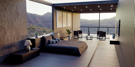 luxury real estate concept displaying modern bedroom interior design with panoramic window mountain view comfortable furniture hotel room 3d illustrationの写真素材