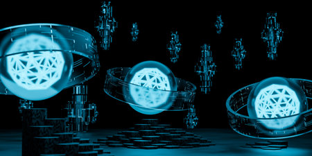 futuristic technology concept featuring blue glowing sphere with scientific research background quantum computer data processing network system innovation 3d illustrationの写真素材
