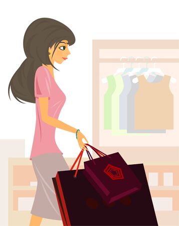 illustration of a girl with shoppingのイラスト素材