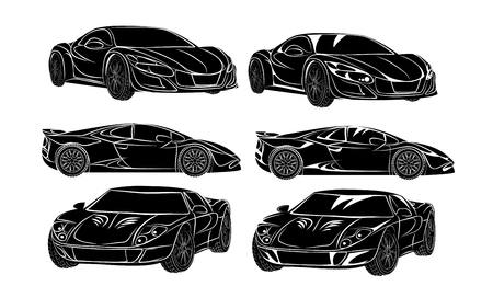 Vector illustration of six cars in silhouettesのイラスト素材
