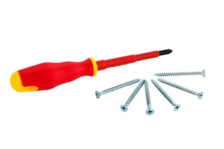  red screwdriver and brilliant screws on a white background