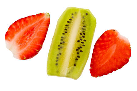 Slices strawberry and kiwi on a white backgroundの写真素材