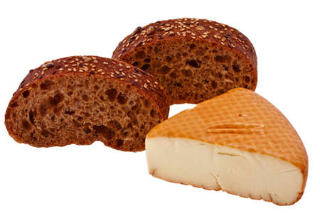 fresh home baked bread and smoked cheese on a white backgroundの写真素材