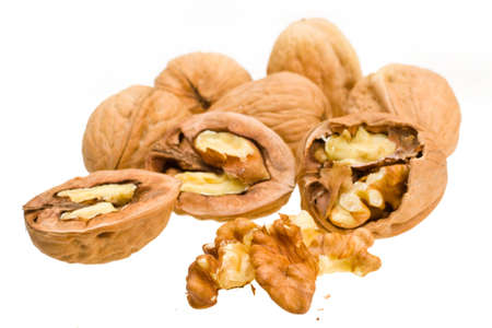 ripe in the walnut shell on white backgroundの写真素材