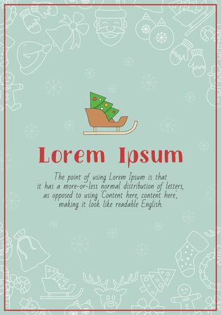 Christmas holiday card with text and vector outline illustrations of winter decoration for graphic designのイラスト素材